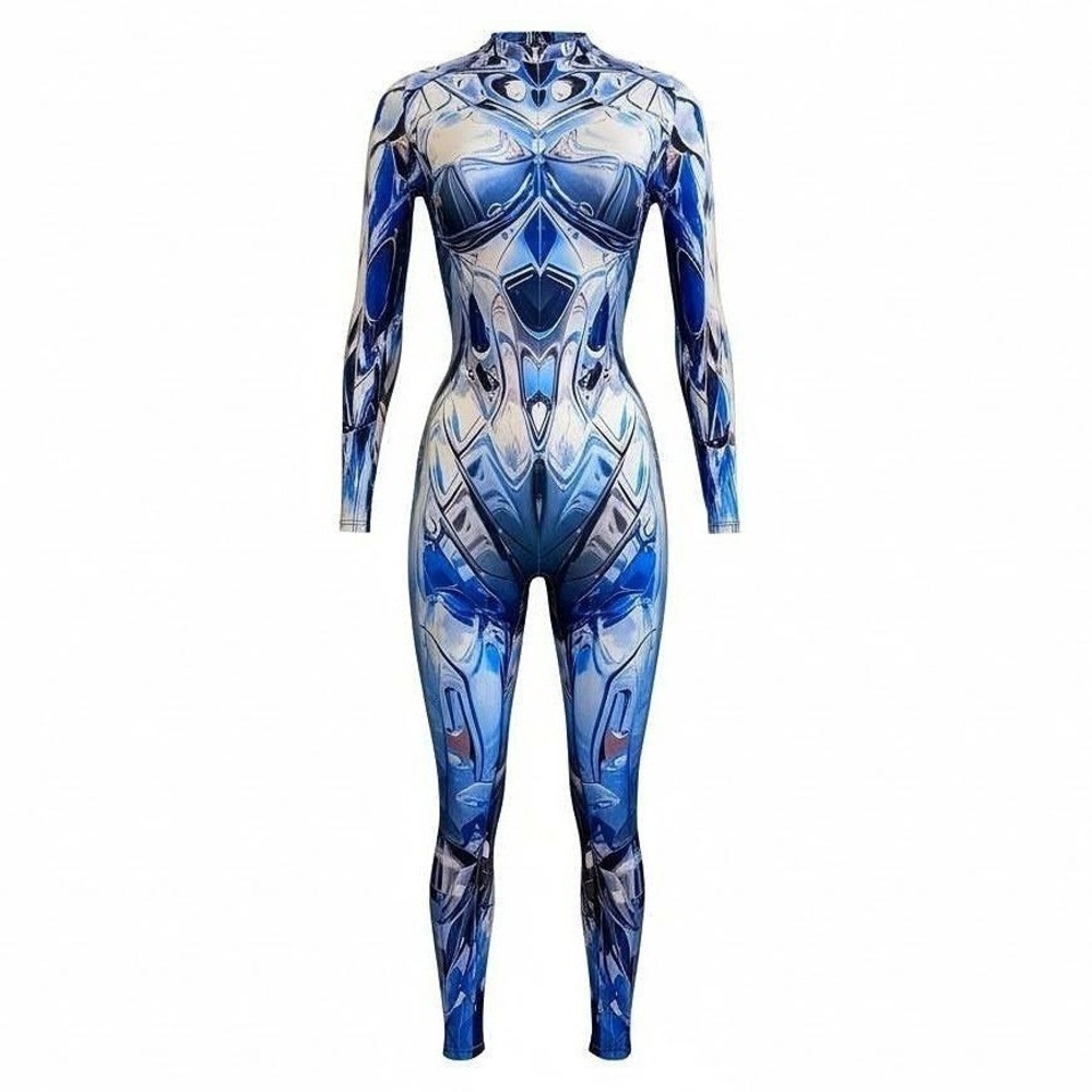 New XL Mirror Spandex Jumpsuit Catsuit Rave Illusion Blue Metallic Futuristic